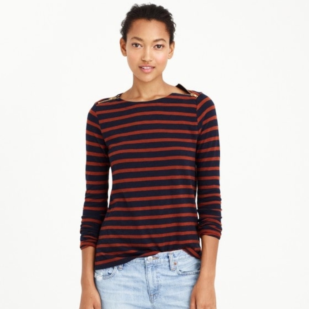💜 J Crew Zipper Painter's Tee Navy Striped Top